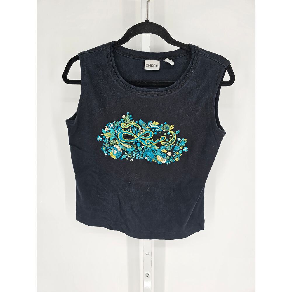 Chico's Women's Sleeveless Round Neck Embroidered Front Cotton Tank Top Size 2